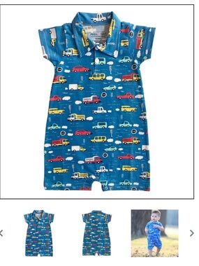 Ann Loren Blue Short-Sleeve Button Romper with Multicolor Car Print